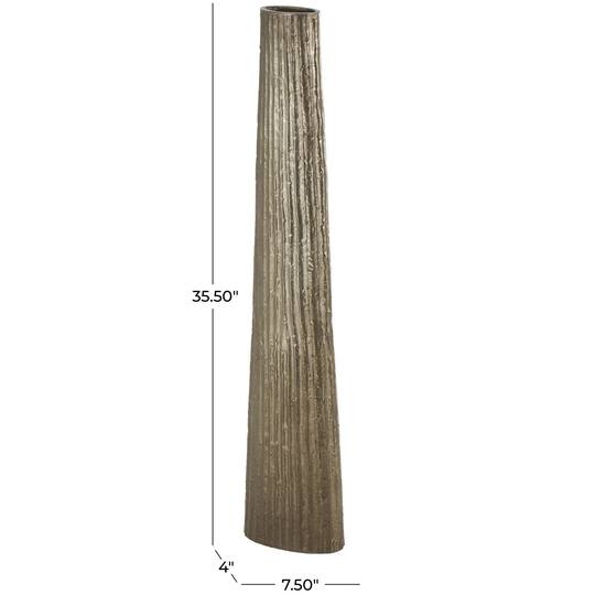 35.5" Brass Aluminum Metal Slim Flat Tall Floor Cone Vase with Textured Ridges
